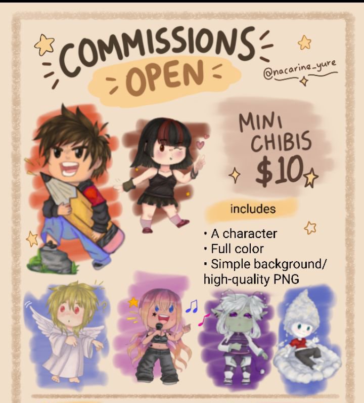 NacarineYure's tweet photo. Hi, good evening! I can draw your favorite characters and OCs in a chibi style. Let me know if you like my style! 

#CommissionsOpen #ArtCommission
#OCArt #CharacterDesign https://t.co/S9N9iJxtJk