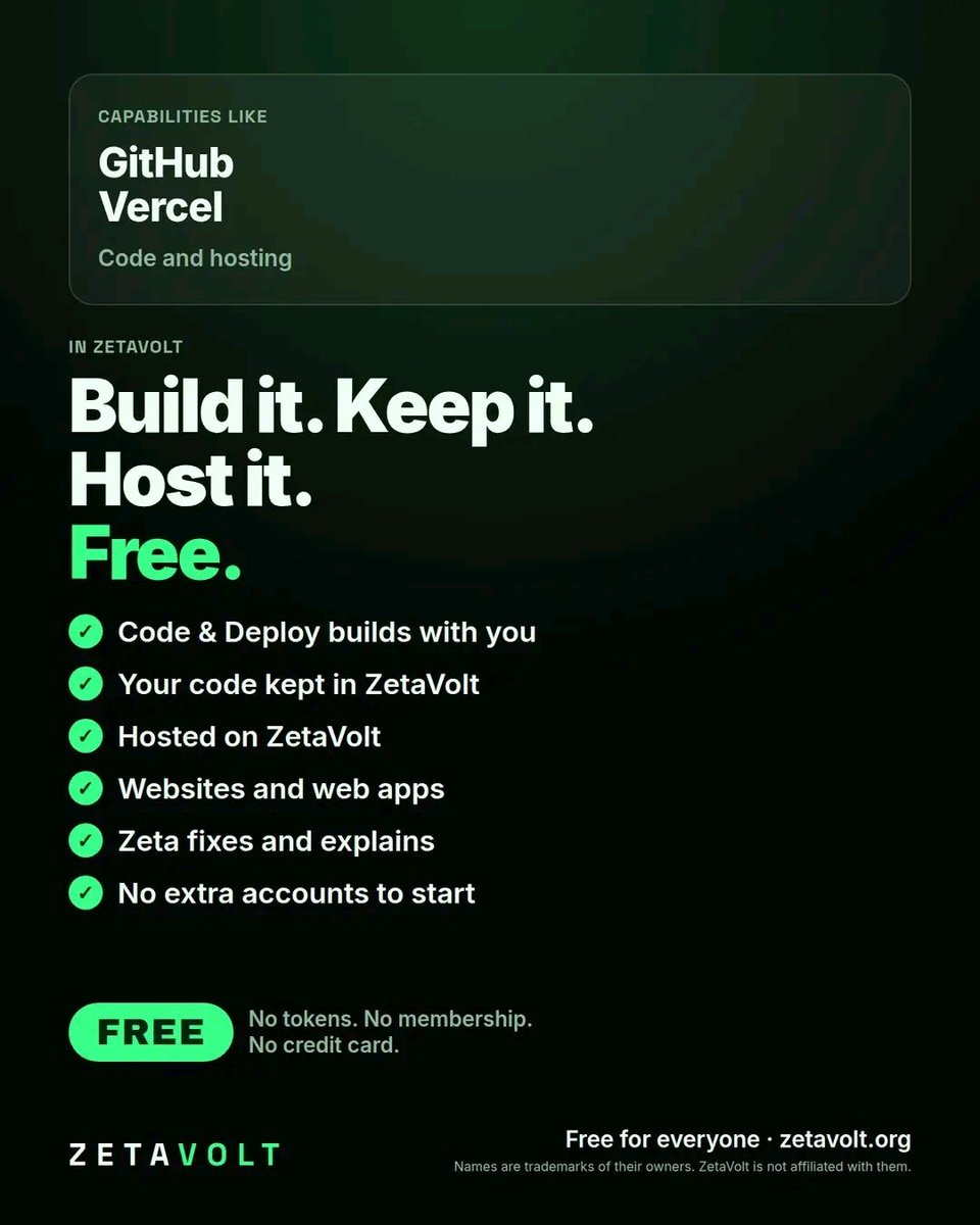 Zetavoltllc's tweet photo. Google. Microsoft 365. ChatGPT. Gemini. Grok. Meta Muse. Base44.

Their capabilities, in one platform. Free!

#Zeta AI, Workshop docs and sheets, Code &amp; Deploy, assistants, messages. No tokens. No memberships.

https://t.co/gylz73uo7p

#ZetaVolt #FreeAI #AI #technology #tech https://t.co/8K2wnEYAQK