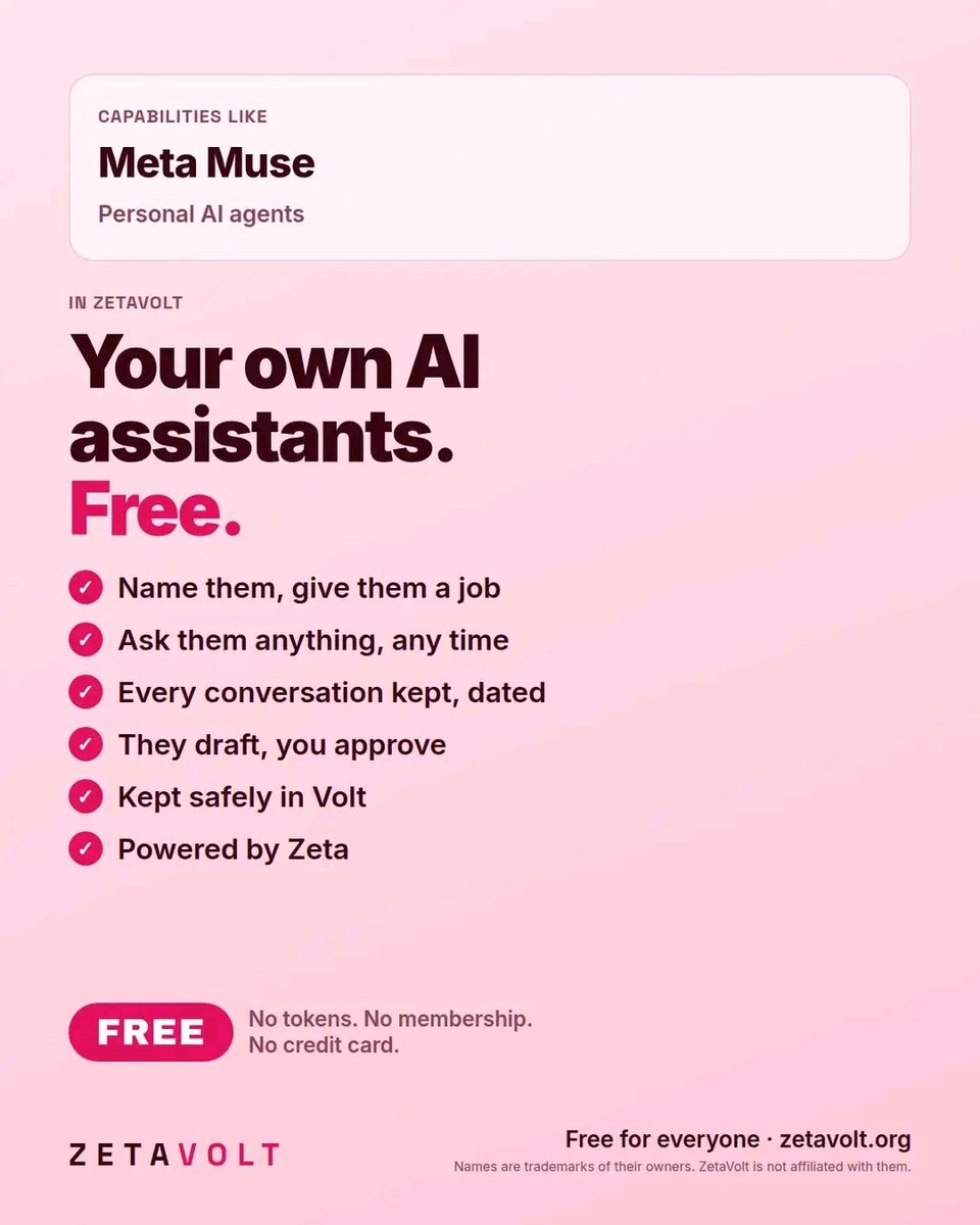 Zetavoltllc's tweet photo. Google. Microsoft 365. ChatGPT. Gemini. Grok. Meta Muse. Base44.

Their capabilities, in one platform. Free!

#Zeta AI, Workshop docs and sheets, Code &amp; Deploy, assistants, messages. No tokens. No memberships.

https://t.co/gylz73uo7p

#ZetaVolt #FreeAI #AI #technology #tech https://t.co/8K2wnEYAQK