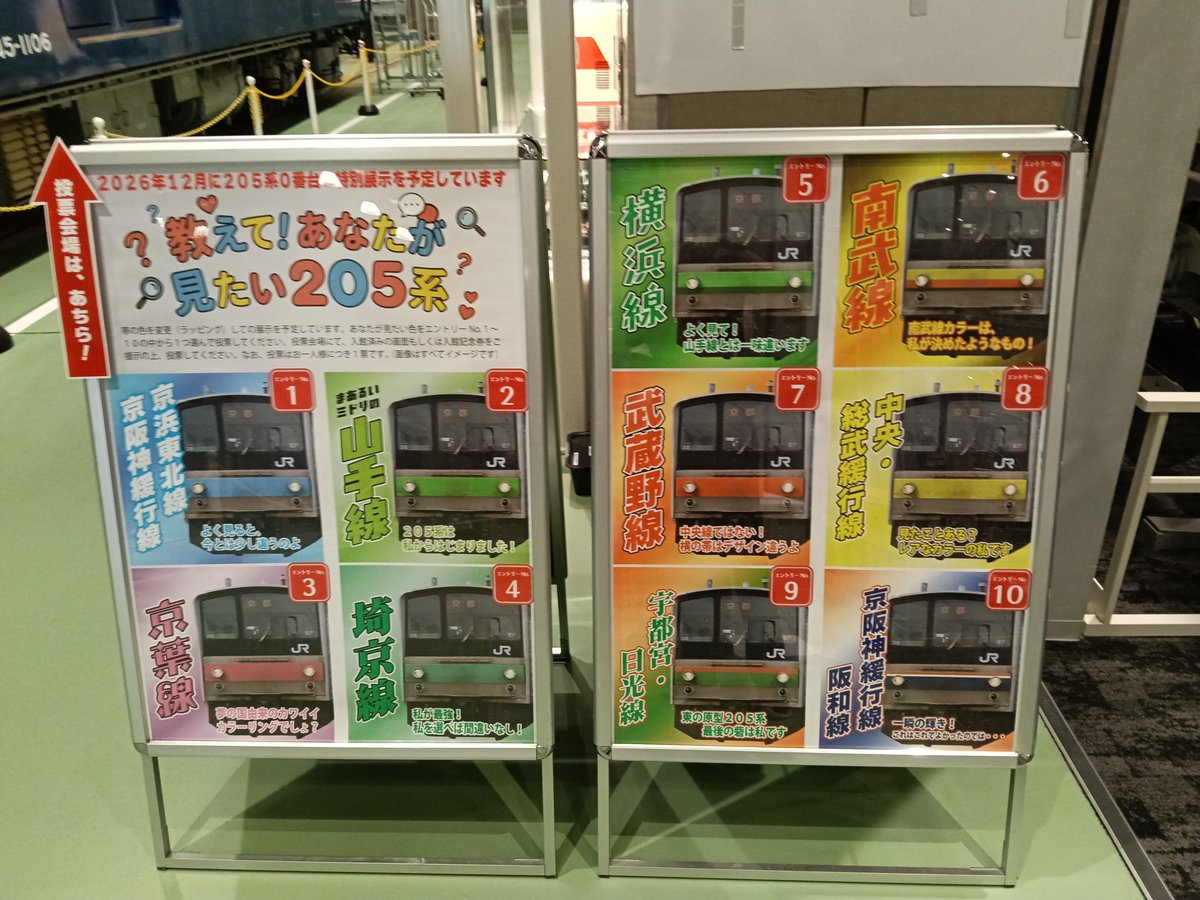 TrailsBe's tweet photo. 京都鉄道博物館の205系特別展示の投票、写真付きでパネル立ってます。 https://t.co/kkDg4S63Ho