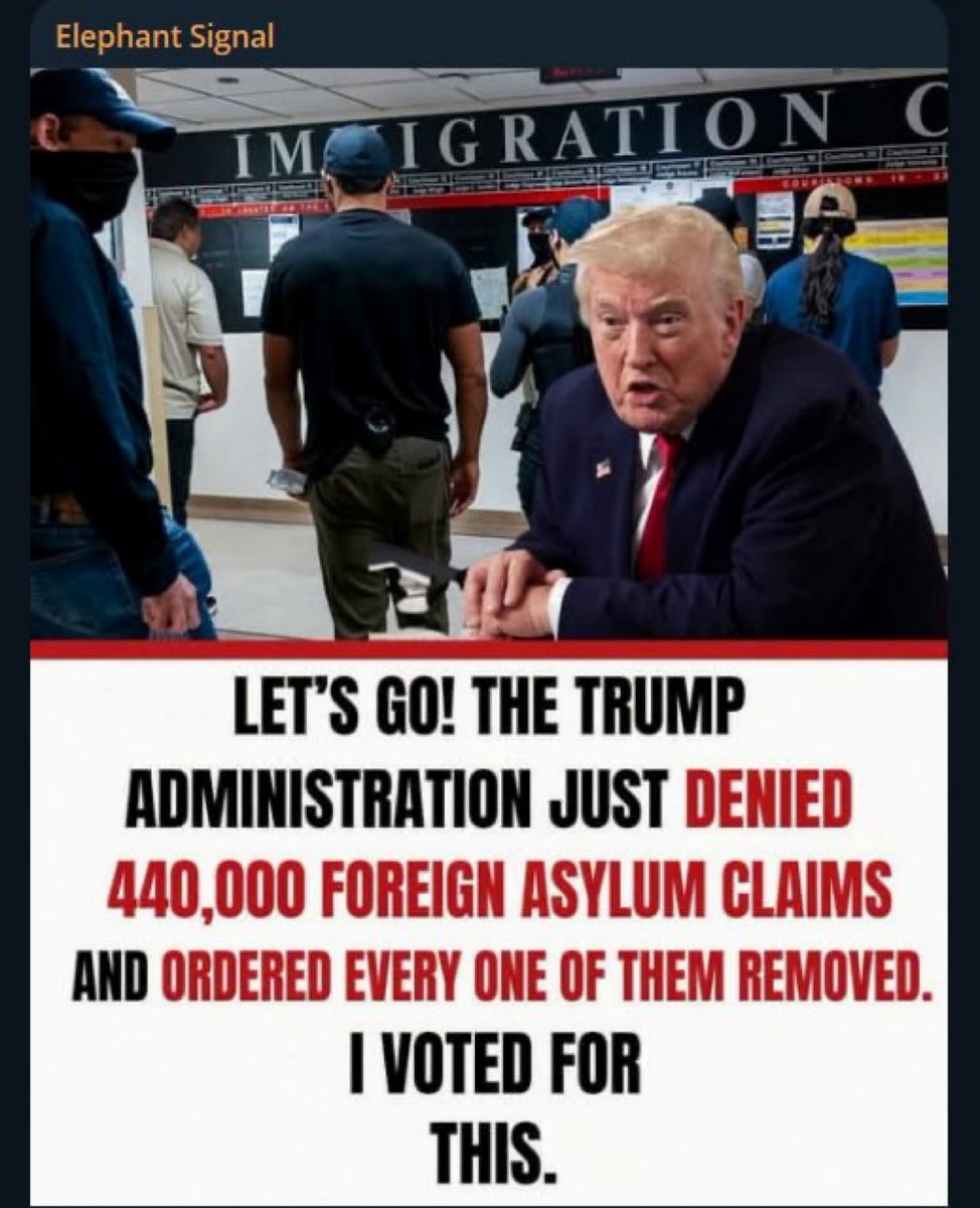 Trump_Jr_GC's tweet photo. 🚨BOOM:

The Trump administration just denied 440,000 foreign asylum claims and ordered every one of them removed.

I VOTED FOR THIS.

Did you?

YES or NO? https://t.co/7hQ6sY9gV4