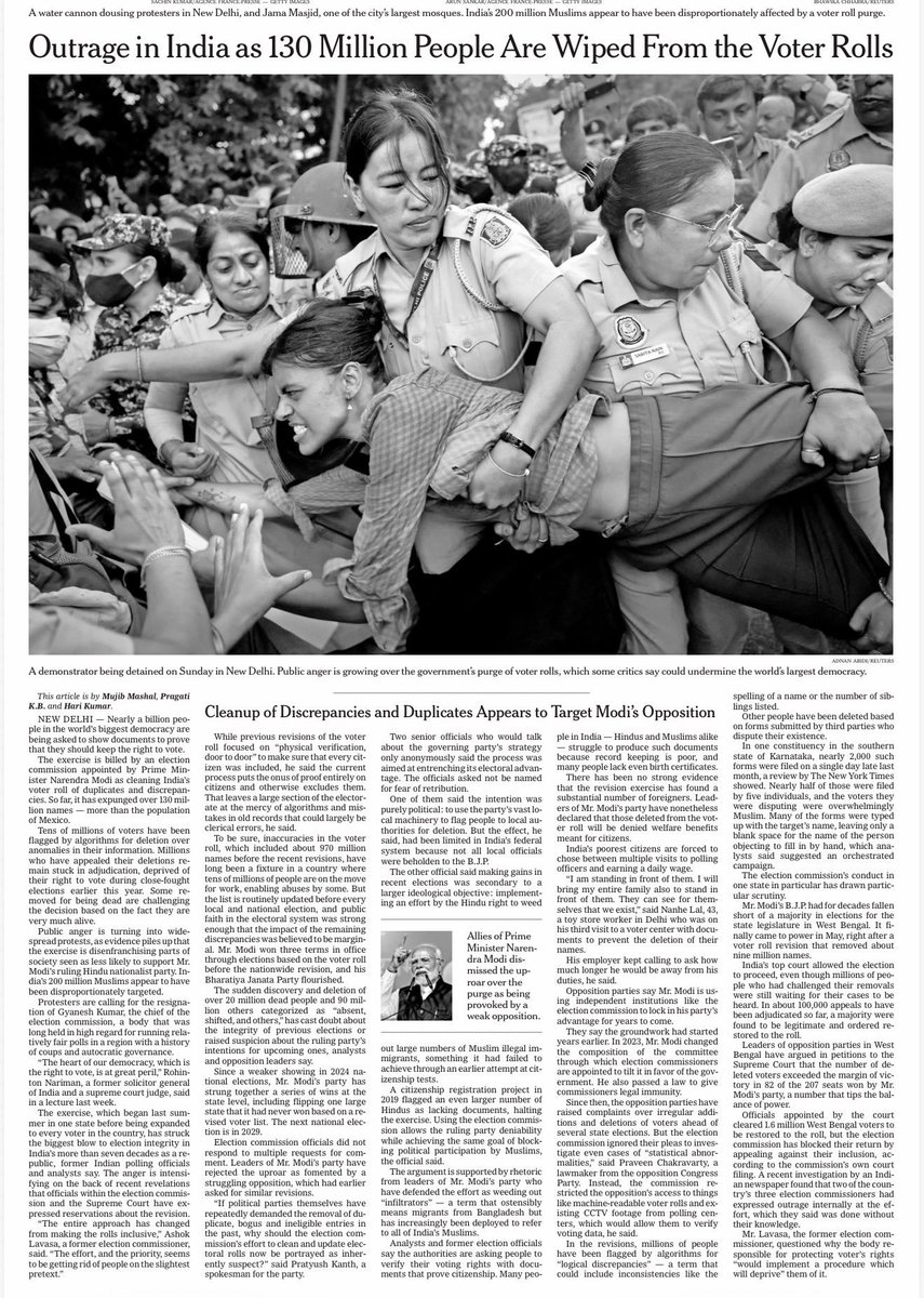 tamiltalkies's tweet photo. Planned removal if voting rights of 130 million indians. New york times article. International Shame. https://t.co/ULvDk2HqgQ