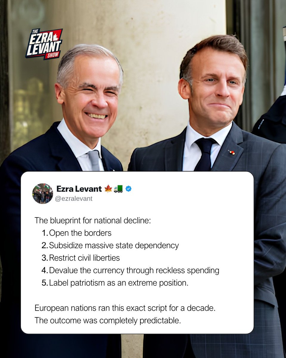 ezralevant's tweet photo. Read that list again and check how many Ottawa has already done.

In October 2022 the government froze the sale and transfer of handguns. 

Not for criminals. For licensed owners.

In February 2022 it used the Emergencies Act to freeze the bank accounts of people who protested.

380,000 new permanent residents a year through 2028.

Europe went down this road first. We're following it.