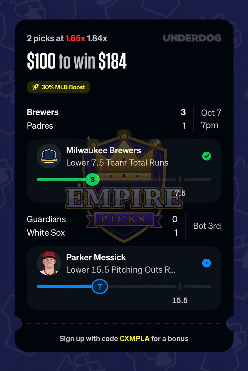 EmpiresPicks's tweet photo. CASH 💰 
#MLB #Underdog #MLBPicks #Postseason📷 #EmpirePicks https://t.co/JIotJY685M