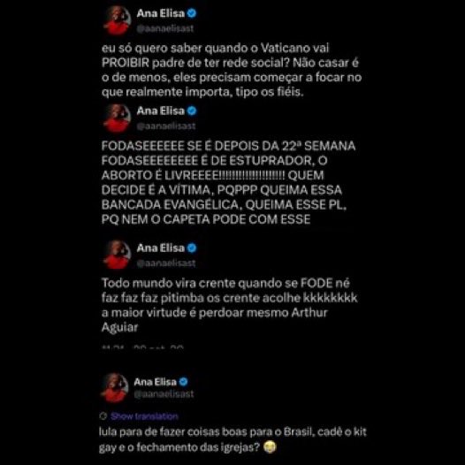 NewsLiberdade's tweet photo. 🚨URGENTE -  Deputada eleita Ana Elisa apaga tweets antigos nos quais defendia o aborto, pedia a Lula que fechasse igrejas, criticava “crentes” e dizia odiar brancos

Ela também defendia que o Vaticano proibisse padres de usar redes sociais e apoiava o bloqueio de redes sociais. https://t.co/WYbt29ngaX