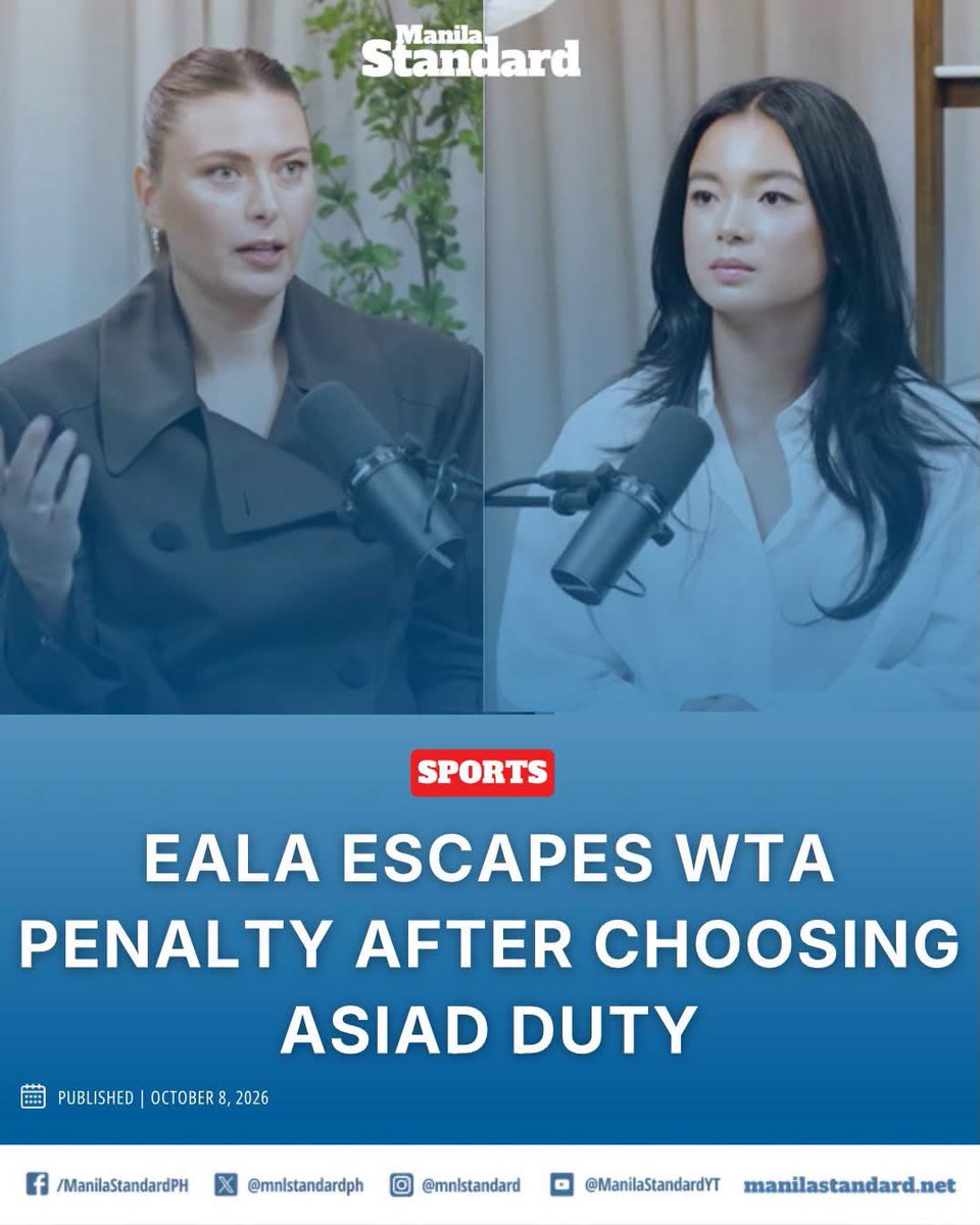 mnlstandardph's tweet photo. #MSSports | Filipina ace Alexandra “Alex” Eala will not face a sanction from the Women’s Tennis Association (WTA) for choosing to represent the Philippines in the 20th Asian Games instead of playing in the WTA 1000 China Open.

Philippine Tennis Association (PHILTA) executive director Tonette Mendoza confirmed the development on Thursday during the Senate Committee on Sports hearing chaired by Senator Bong Go.

Read more: https://t.co/IBTARXLiLb