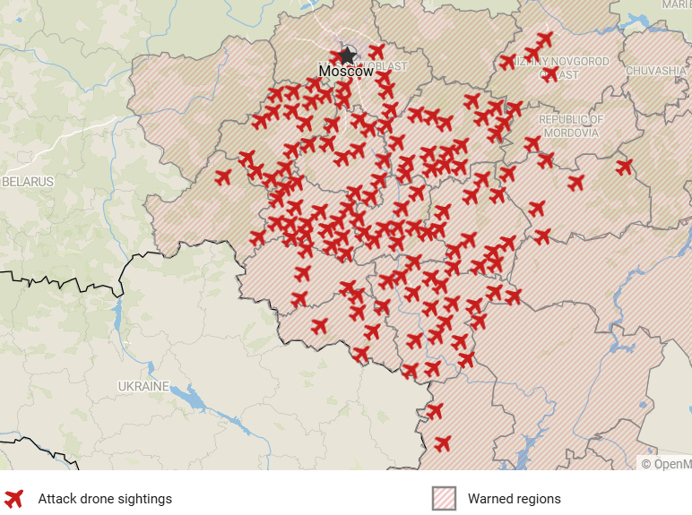 Osinttechnical's tweet photo. Ukrainian forces are mounting another large-scale attack drone raid into Russia tonight, the second in a row. 

Local channels report multiple drone streams pushing deep into Russian airspace, with ongoing disruptions at multiple Russian airports. https://t.co/V5SBnCWGHc