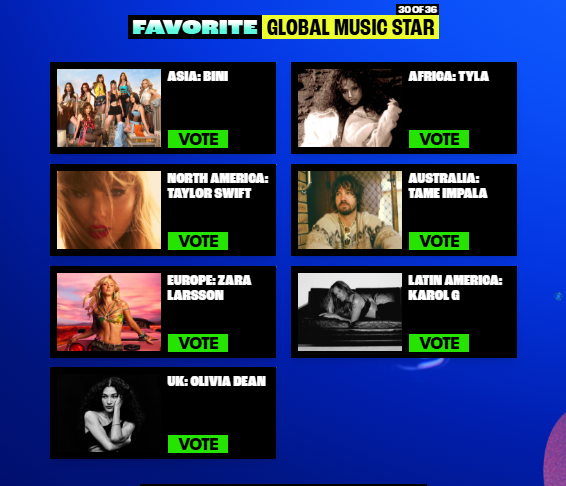 ABSCBNNews's tweet photo. KITA TAYO NOV. 14 SLIME KO LANG KAYO 🫟 😆
 
Nation's Girl Group BINI (@BINI_ph) is representing Asia in the "Favorite Global Music Star" race for Nickelodeon's Kids Choice Awards.
 
Our best girls are nominated alongside Taylor Swift, Olivia Dean, Zara Larsson, Tyla, Karol G, and Tame Impala.
 
(Screenshot from KCA website)