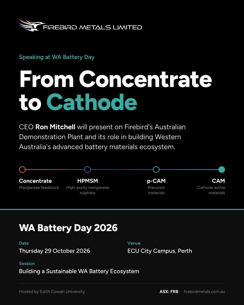 AsxFrb's tweet photo. $FRB is presenting at WA Battery Day 2026, hosted by @EdithCowanUni on 29 Oct. 

$FRB.ax https://t.co/1XrAJwjss1