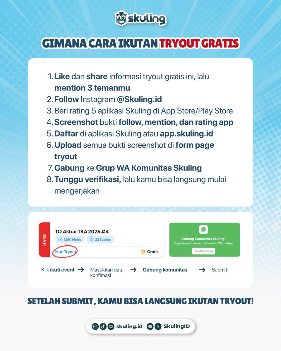 SkulingID's tweet photo. 🚨17 HARI LAGI TKA! UDAH SIAP TEMPUR?!🔥

Saatnya ukur kemampuanmu lewat TO AKBAR TKA 2026 #4 by Skuling! 💯

✅Skor akurat berbasis IRT
✅Format soal terbaru 2026
✅Leaderboard nasional
✅Prediksi nilai TKA
✅Full akses pembahasan soal

🗓️9-18 Oktober 2026
🎁GRATIS, level ULTIMATE!

Langsung daftar di https://t.co/eLYyVb8Q6j. Jangan sampai kelewatan! 👀
