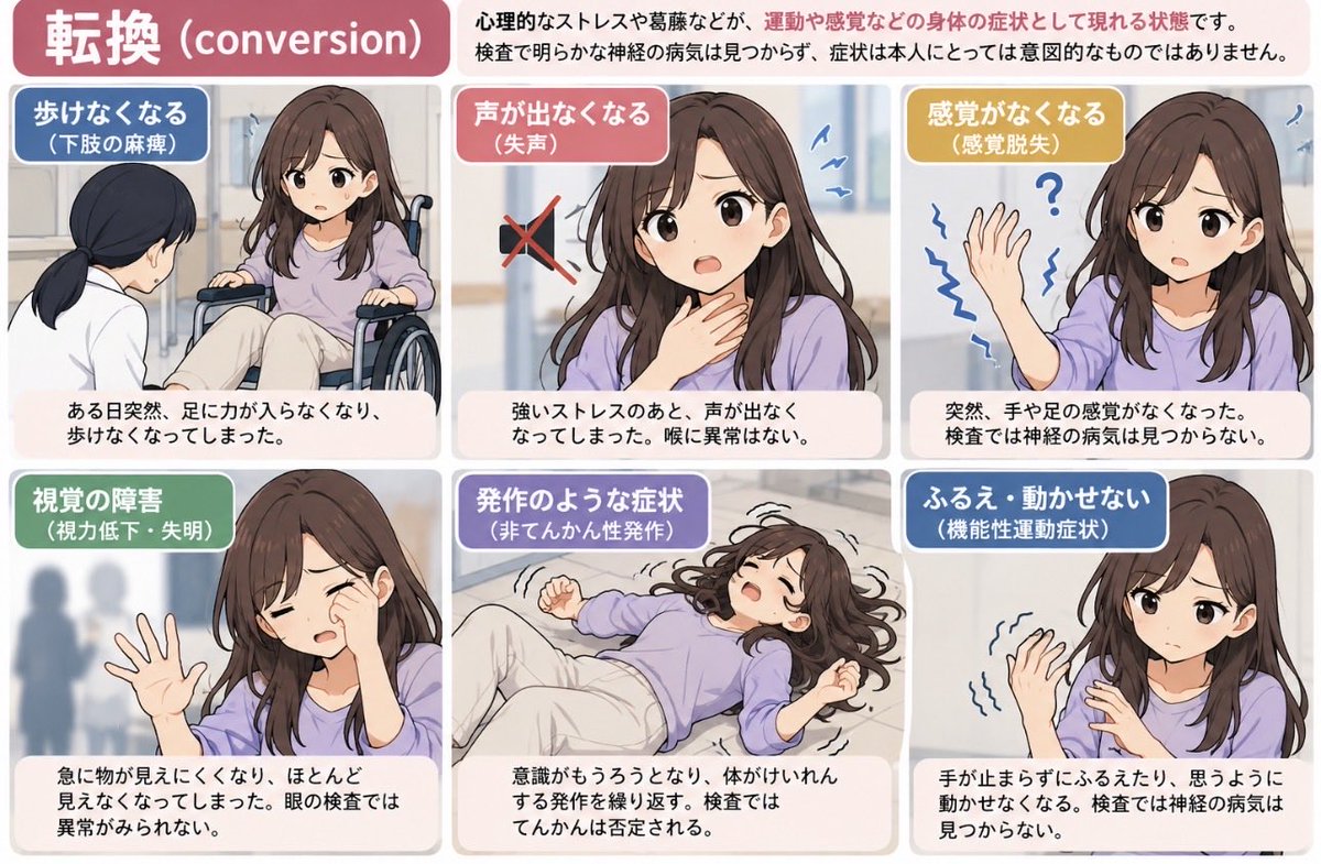 reischauer1856's tweet photo. 転換
心理的葛藤やストレスなどが、麻痺、失声、感覚障害、けいれん様発作などの身体症状として現れると考えられてきた現象
現在は「機能性神経症状症（転換症）」と呼ばれ、症状は本人の意思で作り出したものではない
てんかん発作の｢てんかん｣とは異なる https://t.co/PgwnrcEmQF