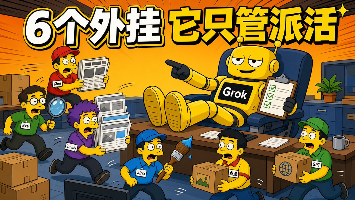 rubbzha's tweet photo. Grok Bot 实战 03｜别再让 Grok Bot 自己搜了 我给它接了 6 个外挂 它现在只管派活

grok 搜海外是真强 搜国内基本是瞎子 让它自己硬搜 额度烧得飞快 结果还一般

我现在一行字都不让它自己搜
国内的 丢给 Kimi
找原文 丢给 Exa
扫一圈 丢给 Tavily
扒网页 丢给 Jina
小红书 丢给点点
翻译画图 丢给 GPT
grok 就干两件事 派活 验收

接一个工具也就几分钟 拿到 key 让 bot 弹个打码框你自己填 它存好自己测 key 全程不在聊天里露面

最大的坑是 Kimi 会员的 key 跟开放平台根本不是一套 拿错了直接 401 它自带的联网搜索在这个接口上还是坏的 不知道这个能卡你一下午

6 个怎么接 提示词怎么写 全在长文里 直接抄 先收藏

谁还在让 grok 自己搜 额度不心疼吗