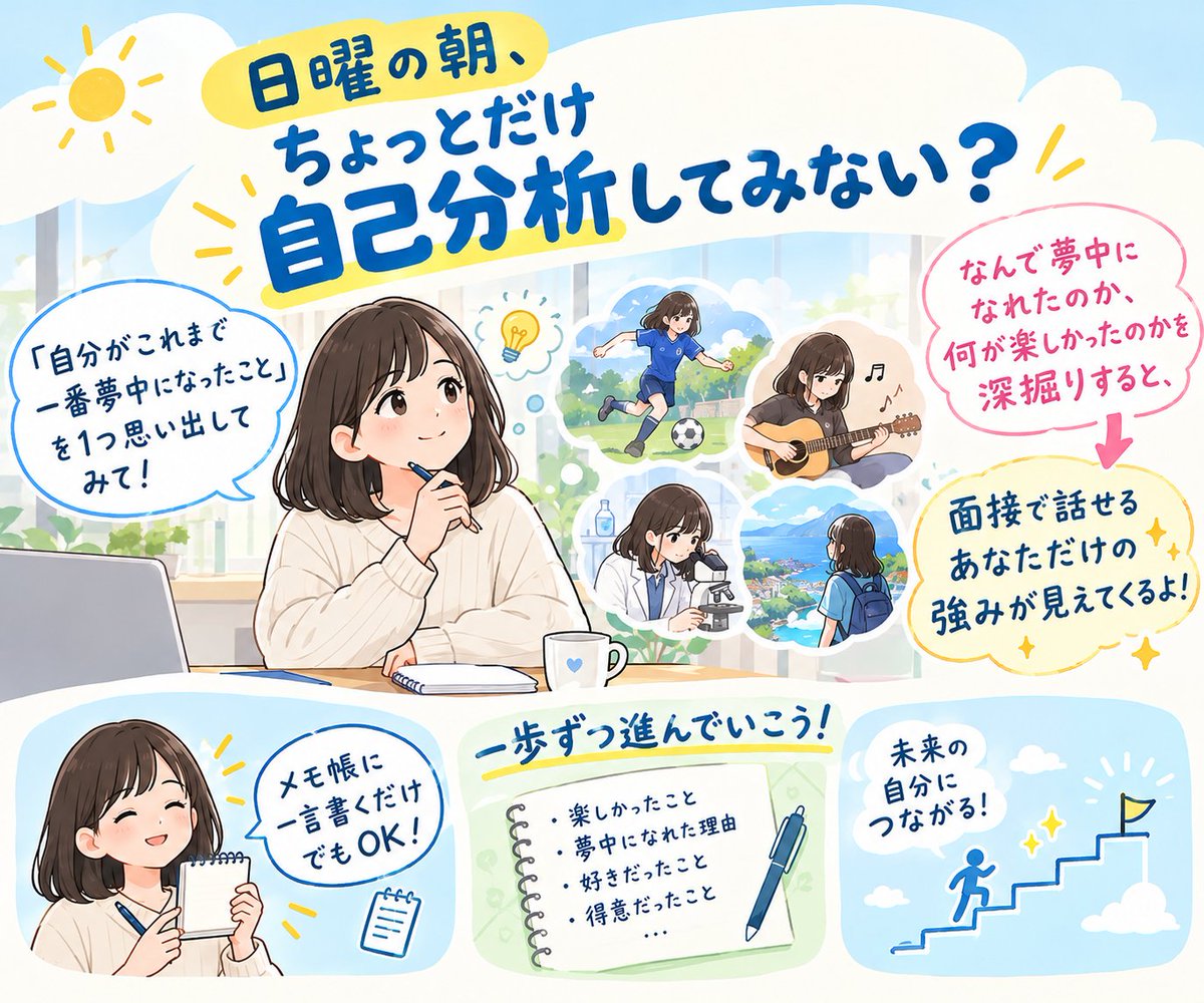 caricuru's tweet photo. 日曜の朝、ちょっとだけ自己分析してみない？

「自分がこれまで一番夢中になったこと」を
1つ思い出してみて！
なんで夢中になれたのか、何が楽しかったのかを深掘りすると
面接で話せる「あなただけの強み」が見えてくるよ！

メモ帳に一言書くだけでもOK。一歩ずつ進んでいこう！ https://t.co/1Aji4Ai42S