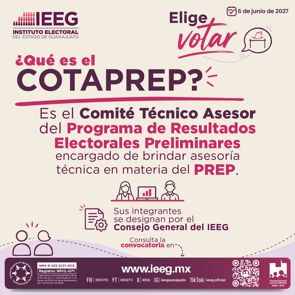 IEEG's tweet photo. 🟣 | ¡Forma parte del COTAPREP! 🗳️💻

El #IEEG convoca a personas especialistas en tecnologías de la información y comunicaciones.

Consulta la convocatoria en https://t.co/01HgmU8CvS

Tienes hasta el 16 de octubre para enviar tu documentación.

#EligeVotar https://t.co/38a30Duh69