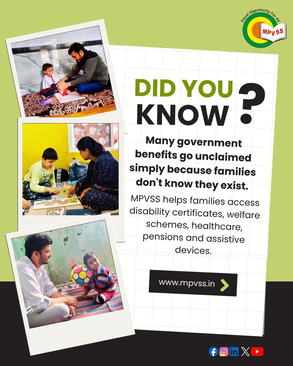 MPVSS_Ujjain's tweet photo. Did You Know?

Many government benefits go unclaimed simply because families don't know they exist.

MPVSS helps families access disability certificates, welfare schemes, healthcare, pensions &amp; assistive devices.

#DisabilityRights #GovernmentSchemes #DisabilityInclusion #MPVSS https://t.co/tjL7AWQdE5