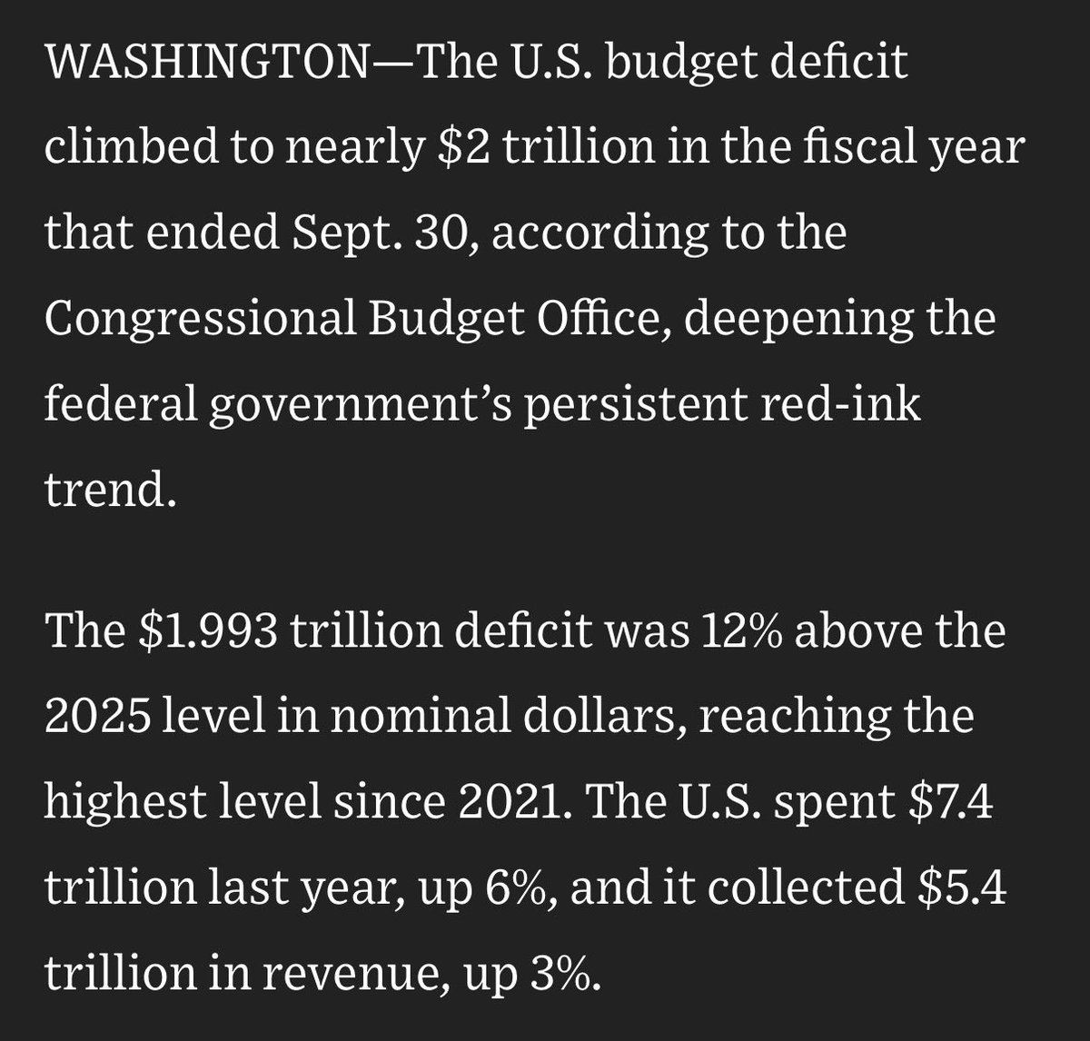 elerianm's tweet photo. Good morning.
As reported below by the WSJ, the US budget deficit climbed to nearly $2 trillion ($1.993 trillion) for the fiscal year ending September 30.
What remains historically notable is that the US has continued to run a deficit of around 6% of GDP despite solid economic growth and a robust labor market.
#economy #markets @WSJ