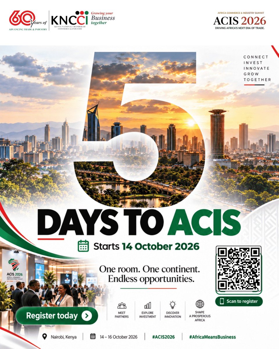 MayianFM's tweet photo. 5 DAYS TO ACIS 2026! 🌍

Africa’s trade and investment future is almost here! Join business leaders, investors, and industry players to connect, collaborate, and unlock new opportunities.

📅 14–16 October 2026
📍 Uhuru Gardens, Nairobi https://t.co/NlZWMfoEZC