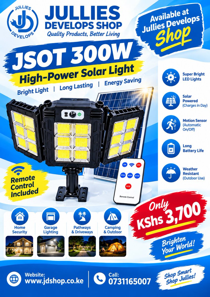 Julliesdevg5k6's tweet photo. Light up your home, compound, pathways, garage, and outdoor spaces with the powerful JSOT 300W High-Power Solar Light! 🌟

🌐 Website: https://t.co/29RaWrVG1U
#JSOT300W #SolarLight #SolarLighting #SolarPower #OutdoorLighting #HomeSecurity #Electronics #ElectronicsKenya https://t.co/qnauh2qLWz