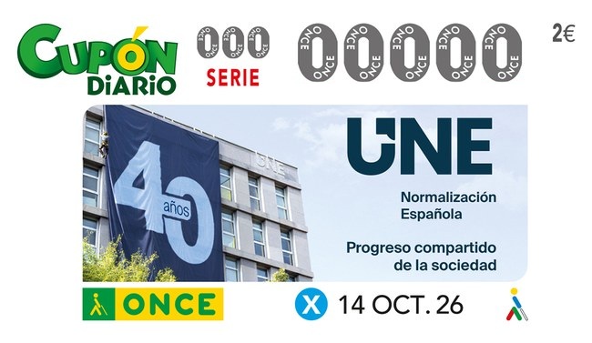ONCE_oficial's tweet photo. Cinco millones de cupones de la ONCE celebran hoy el 40 aniversario de UNE Normalización Española

@NormasUNE 
https://t.co/eyl6gOxHmf https://t.co/CNyBNJzOqL