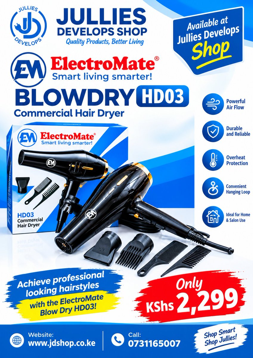 Julliesdevg5k6's tweet photo. 💨 ElectroMate Blowdry HD03 Commercial Hair Dryer 💨
Looking for a powerful hair dryer for your daily hair care routine or salon use? The ElectroMate HD03 is a great choice for efficient drying and stylish results. 💯

🌐 Website: https://t.co/29RaWrVG1U
#ElectroMate #HairDryer https://t.co/USHCqIw7X6