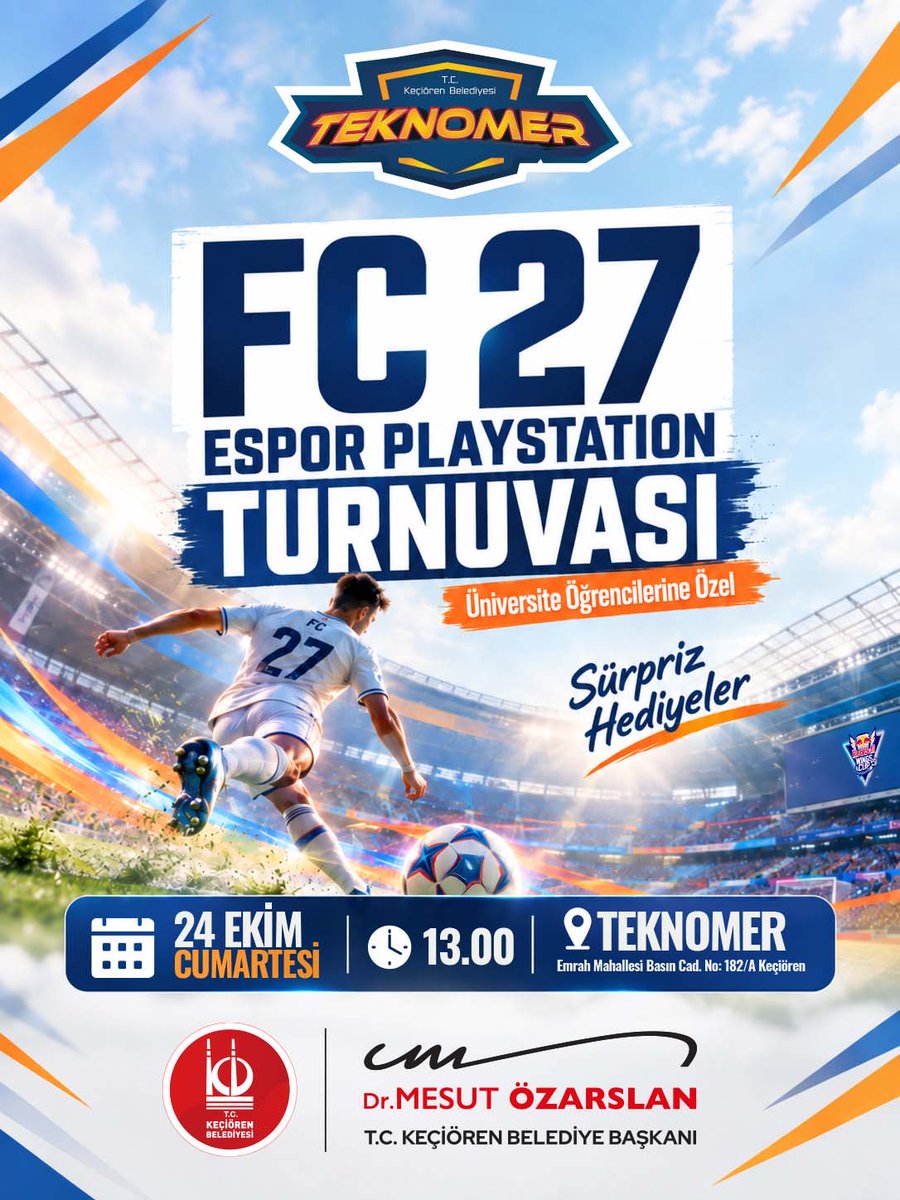 keciorenbeltr's tweet photo. Espor Turnuvası TEKNOMER’de!

Üniversite öğrencilerine özel düzenleyeceğimiz FC 27 Espor PlayStation Turnuvası için kayıtlar başladı! ⚽🎮

Futbol heyecanını PlayStation’da rekabetle buluşturuyor, üniversite öğrencilerini TEKNOMER’e bekliyoruz.

📅 24 Ekim Cumartesi
🕐 13.00
📍 TEKNOMER – Prof. Dr. Tunçalp Özgen Teknoloji Merkezi
🎓 Üniversite öğrencilerine özel
🎁 Sürpriz hediyeler

Turnuvaya katılmak ve detaylı bilgi almak için:

🔗 https://t.co/sZxugNfyW3

📌 Kayıt ve etkinlik detayları için TEKNOMER web sitesini ziyaret edebilirsiniz.