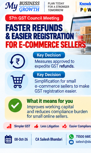 saileshbhanda10's tweet photo. 📢 57th GST Council Meeting | Key Updates
✅ Protection for genuine ITC claims
✅ Faster refunds &amp; e-commerce relief
✅ Simplified GST registration
✅ Easier return corrections

📌 Key proposals for businesses!
#GST #GSTCouncil #MSME https://t.co/kgSsOxNJZj
