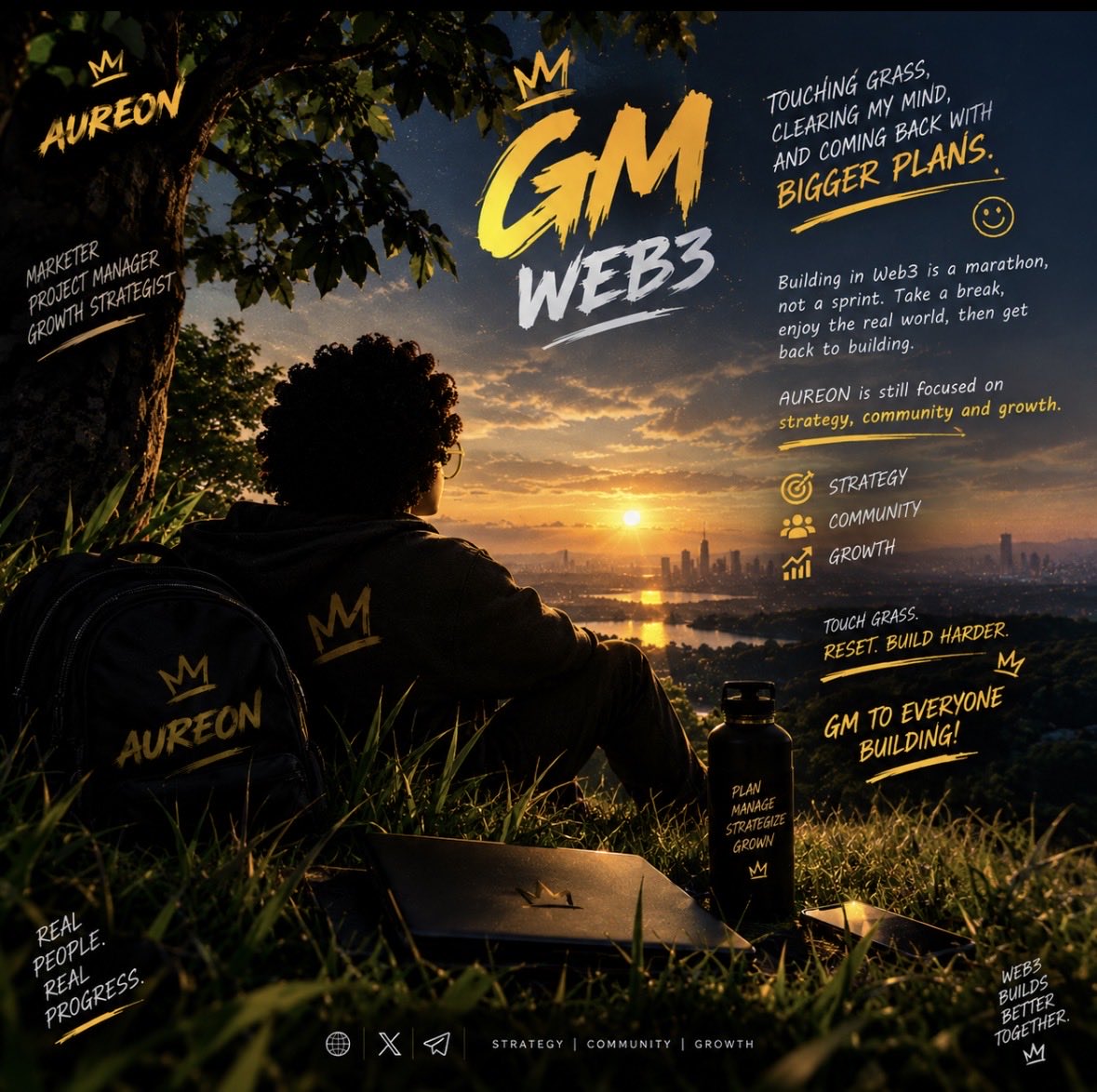 AUREON_0's tweet photo. GM Web3

Touching grass, clearing my mind, and coming back with bigger plans.
Building in Web3 is a marathon, not a sprint. Take a break, enjoy the real world, then get back to building.
AUREON is still focused on strategy, community, and growth. 

Touch grass. Reset. Build harder. 

GM to everyone building!