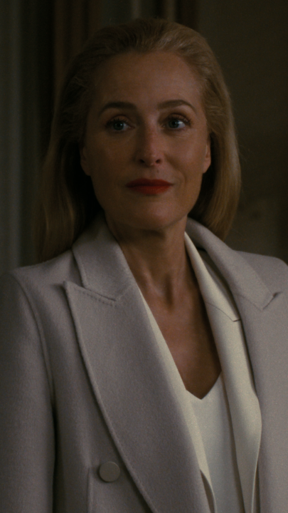 A woman with blonde hair, wearing a light-colored blazer over a white top, gazes off to the side in a dimly lit setting. The image appears to be a still from a film featuring Gillian Anderson, aligning with the post's mention of watching her movies, specifically the newly streaming film "Animals."