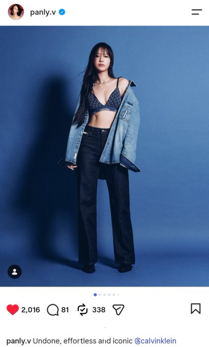 Instagram post from @panly.v showing a woman with long dark hair wearing a Calvin Klein bralette, an open denim jacket, and dark jeans against a blue background, captioned 'Undone, effortless and iconic @calvinklein' with 2,016 likes.