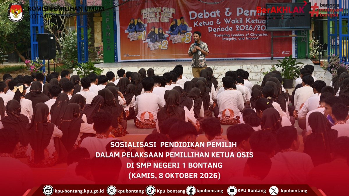 kpubontang's tweet photo. Hai, #temanpemilih Anggota KPU Kota Bontang Ketua Divisi Teknis Penyelenggaraan Pemilu Azis Maidy Muspa, menjadi narasumber dalam kegiatan Sosialisasi dan Bimbingan Teknis tentang Pemilihan Umum yang diselenggarakan oleh SMP NEGERI 1 Bontang pada Kamis (8/10/2026). https://t.co/byDftepAie