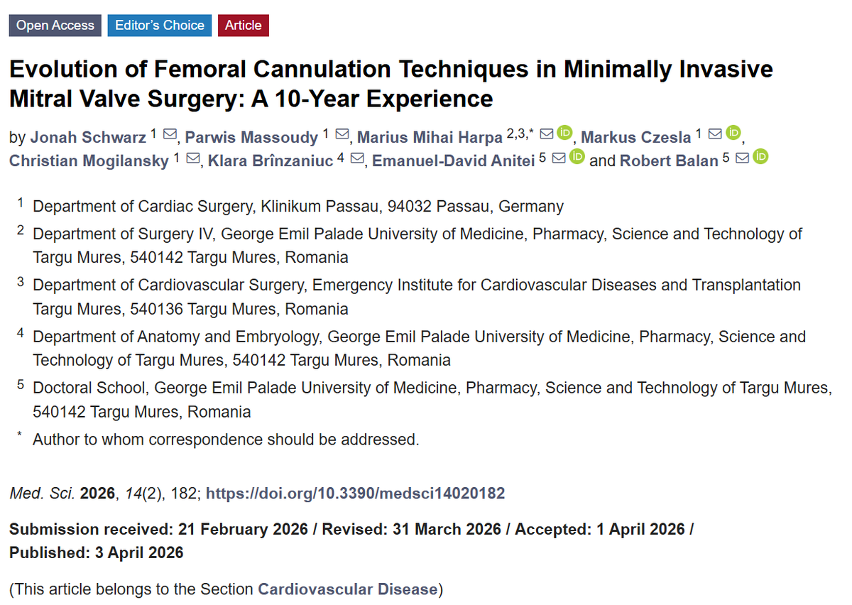 medsci_MDPI's tweet photo. ๐ฌ In 575 #MitralValveSurgery patients, percutaneous #FemoralCannulation was linked to shorter operations.
๐๏ธ Correspondence: UMFST & Emergency Institute for Cardiovascular Diseases and Transplantation, Targu Mures, Romania
https://t.co/gT41pafKMW https://t.co/61msu8ZZ7T