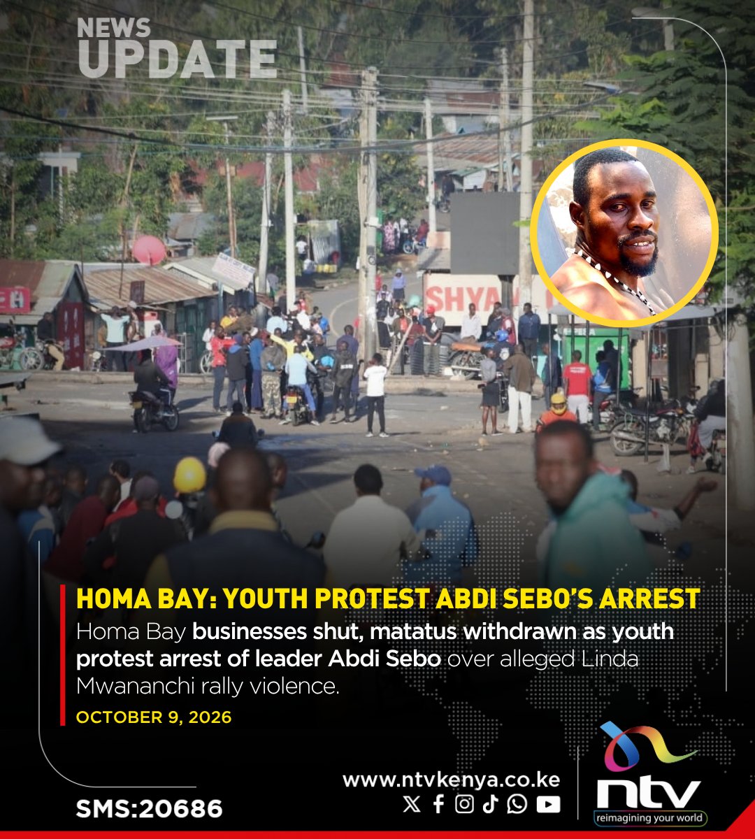 ntvkenya's tweet photo. Homa Bay businesses shut, matatus withdrawn as youth protest arrest of leader Abdi Sebo over alleged Linda Mwananchi rally violence. https://t.co/UQtLrKYjUG