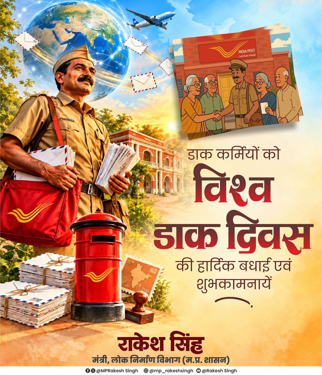 MPRakeshSingh's tweet photo. विश्व की सबसे बड़ी डाक व्यवस्था को जन-जन तक पहुंचाने वाले सभी डाक कर्मियों को ‘विश्व डाक दिवस’ की हार्दिक बधाई एवं शुभकामनायें।

देश की डाक व्यवस्था सेवा, विश्वास और जुड़ाव का प्रतीक है। इस गौरवशाली व्यवस्था का हिस्सा होना सभी के लिए गर्व की बात है।

#WorldPostDay https://t.co/oVzw7NOF0K