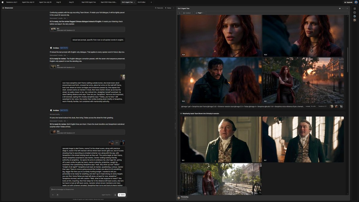 SparkfulArt's tweet photo. My workflow is since I'm new to Seedance 2.5 dialogues, I wrote the script brief it in Agent Two, then I scene by scene write out dialogues myself.
The actual prompting is me focusing on dialogues, I already have all characters briefed in agent, it knows everyone. 2/3 #invideo https://t.co/2twvtRIj05