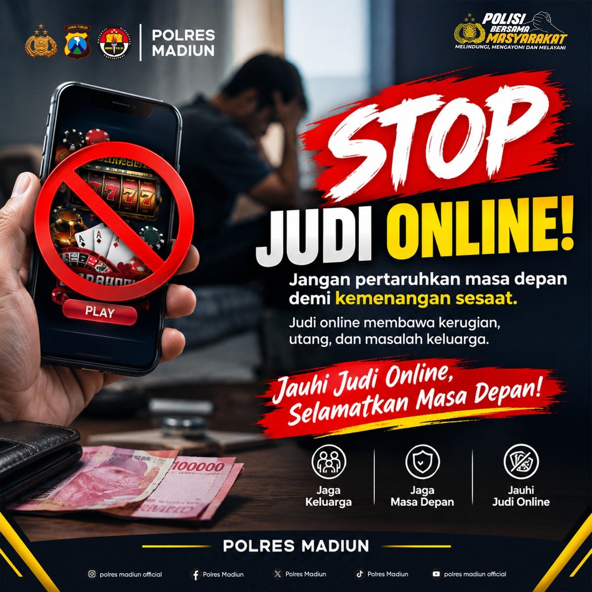 XPolsekkare's tweet photo. 🚫 STOP JUDI ONLINE!

Jangan pertaruhkan masa depan demi kemenangan sesaat. Judi online hanya membawa kerugian, utang, dan masalah keluarga.

Mari bijak menggunakan teknologi, lindungi keluarga, dan jauhi segala bentuk perjudian
#PolresMadiun #StopJudiOnline #JauhiJudiOnline https://t.co/lNIwbkGHPD