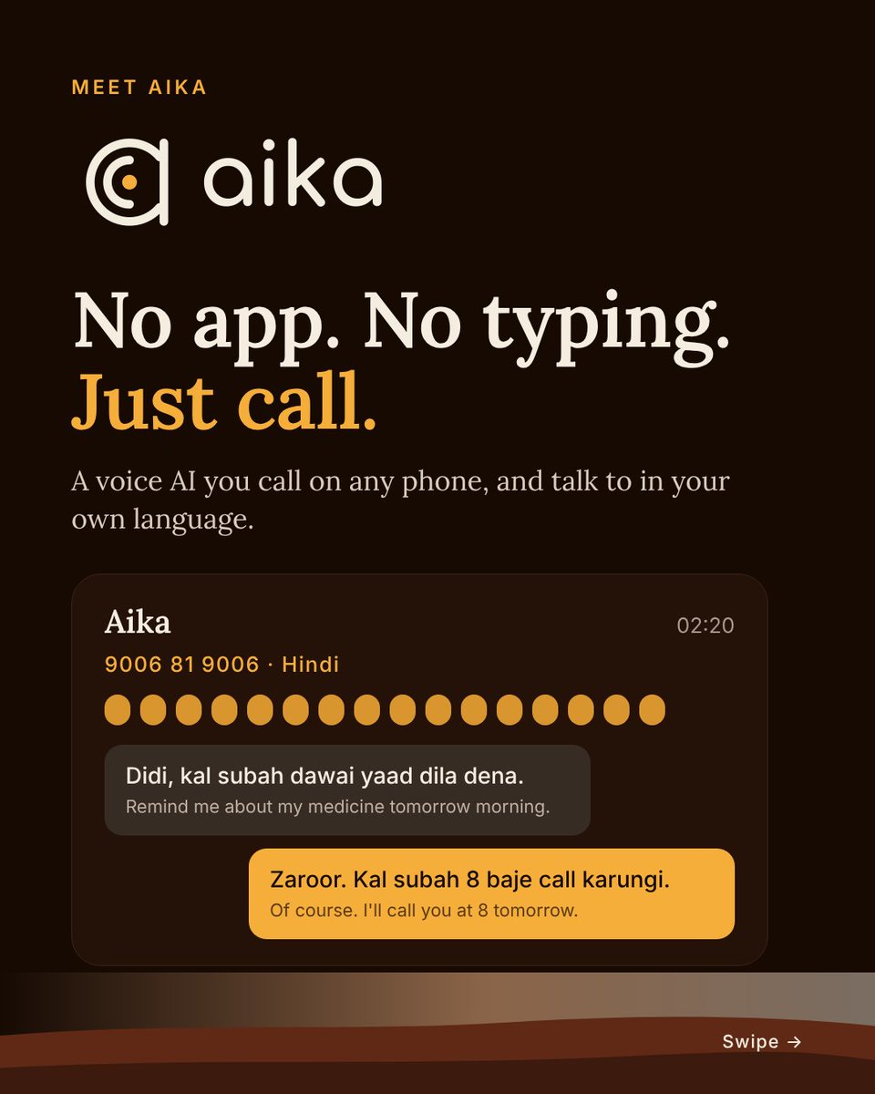 aika_labs's tweet photo. Not everyone wants another app. Everyone knows how to make a call.

Meet Aika: a voice AI you simply call. No app, no typing. Speak in any Indian language and it answers in real time. And it remembers you.

Try it: +91 9006 81 9006

#VoiceAI #AIforBharat #AI #Aika https://t.co/h3N0h97nvv