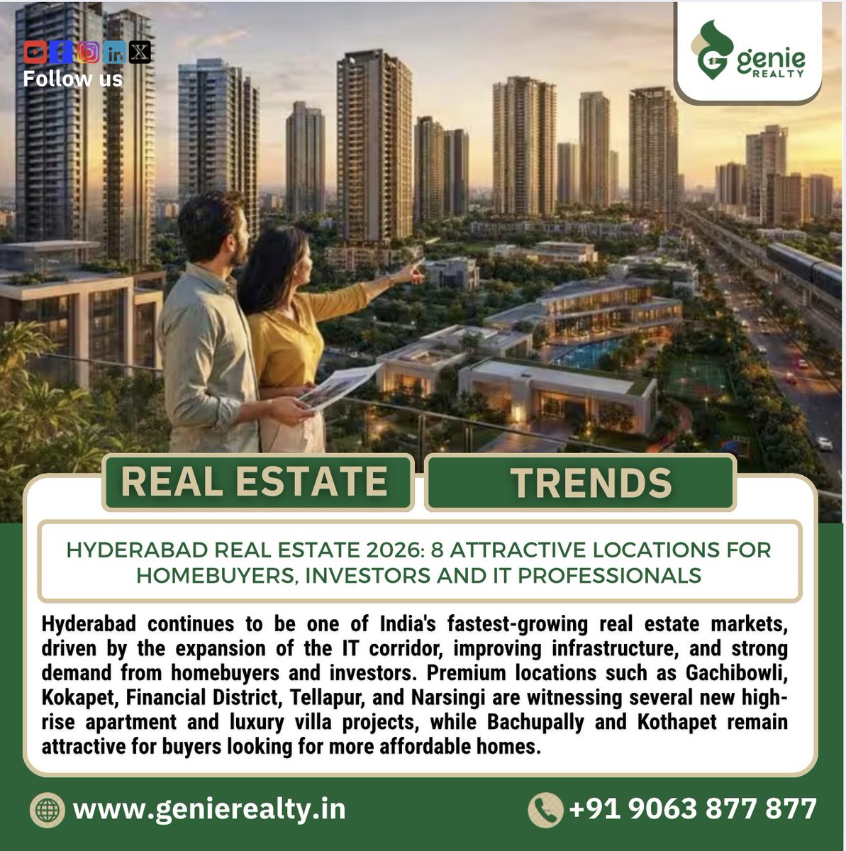 genierealty35's tweet photo. HYDERABAD real estate 2026 8 attractive locations for homebuyers, investors and IT professionals :continues to be one of India's fastest-growing real estate markets,driven by the expansion of the ITcorridor,improving infrastructure, and strong demand from homebuyers
#genierealty https://t.co/JkLZt6i03h
