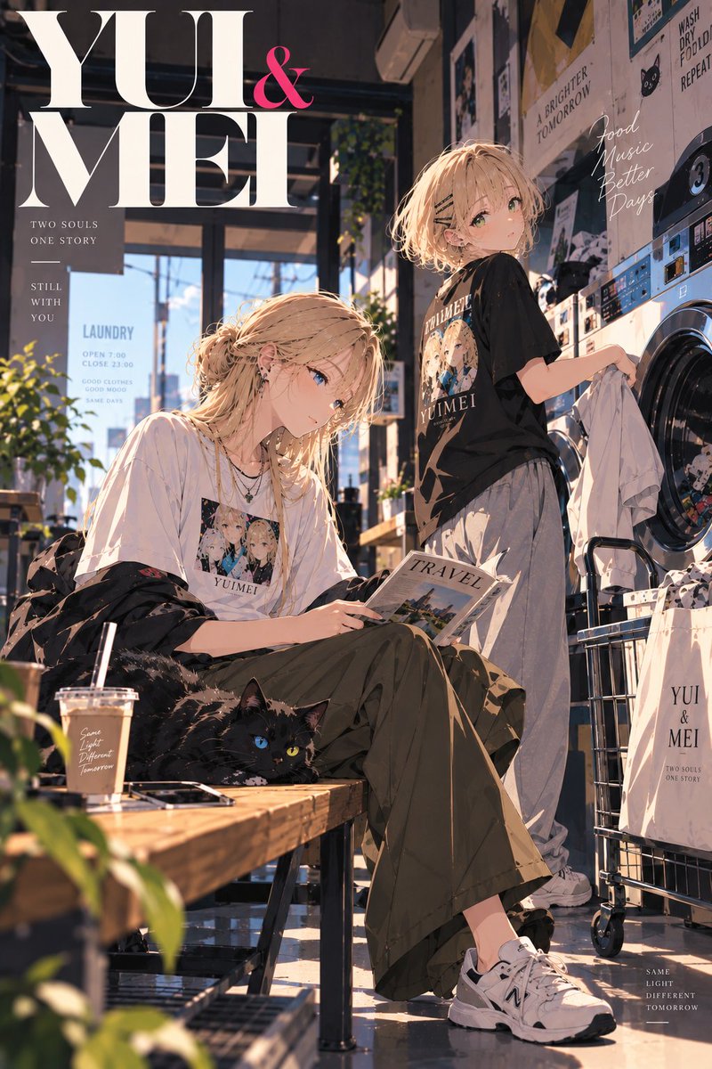 TozyoZin's tweet photo. 『双子なのに、全然似てない』

片方は洗濯、片方は猫と雑誌。
「手伝ってよ」
「あと５分」
昔から、こんな調子。

好きなものも違うのに、
気づけばいつも隣。

「帰り、何食べる？」
その一言だけは、なぜか同時。

大人になっても、
遠慮のなさだけは変わらない。

#YuiMeiProject #AIイラスト https://t.co/Ij4sQ9R3uF