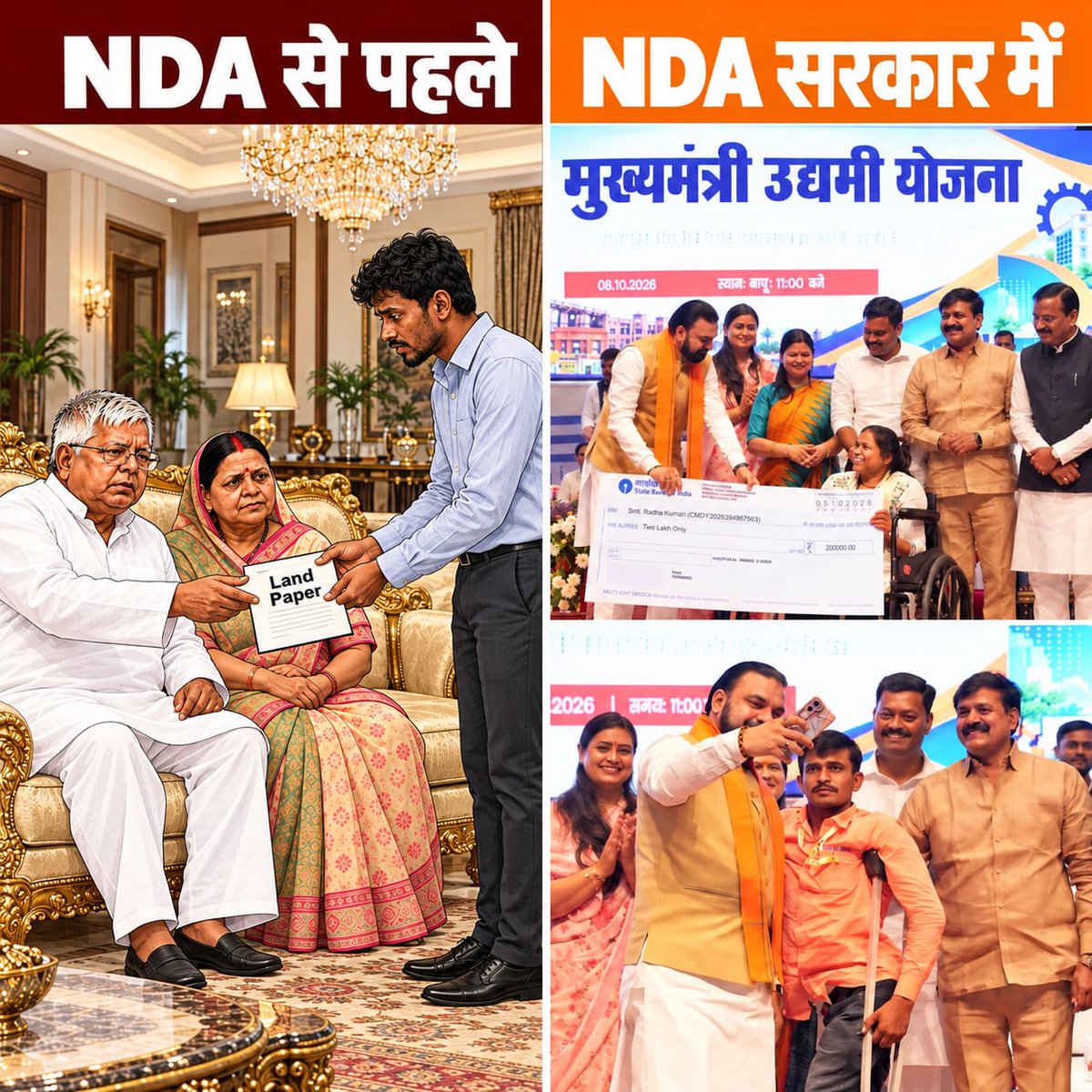 BJP4Bihar's tweet photo. Land for Job बनाम Job Creator!

'जमीन दो, नौकरी लो' के दौर से निकलकर अब बिहार का युवा 'मुख्यमंत्री उद्यमी योजना' से खुद का रोजगार शुरू कर रहा है।

#फर्क_साफ_है https://t.co/O5dx4XJwfr