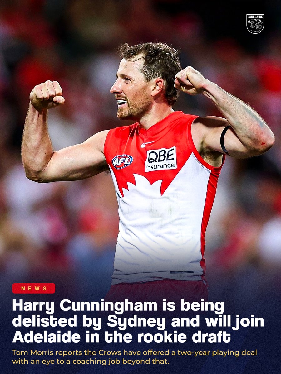 JADelaidex's tweet photo. 🚨 Veteran Swan set to join the Crows

32-year old Harry Cunningham set to be delisted by Sydney and picked up by the Crows via the rookie draft. 👇

(Tom Morris | 7News) https://t.co/wSBcsAxqO6