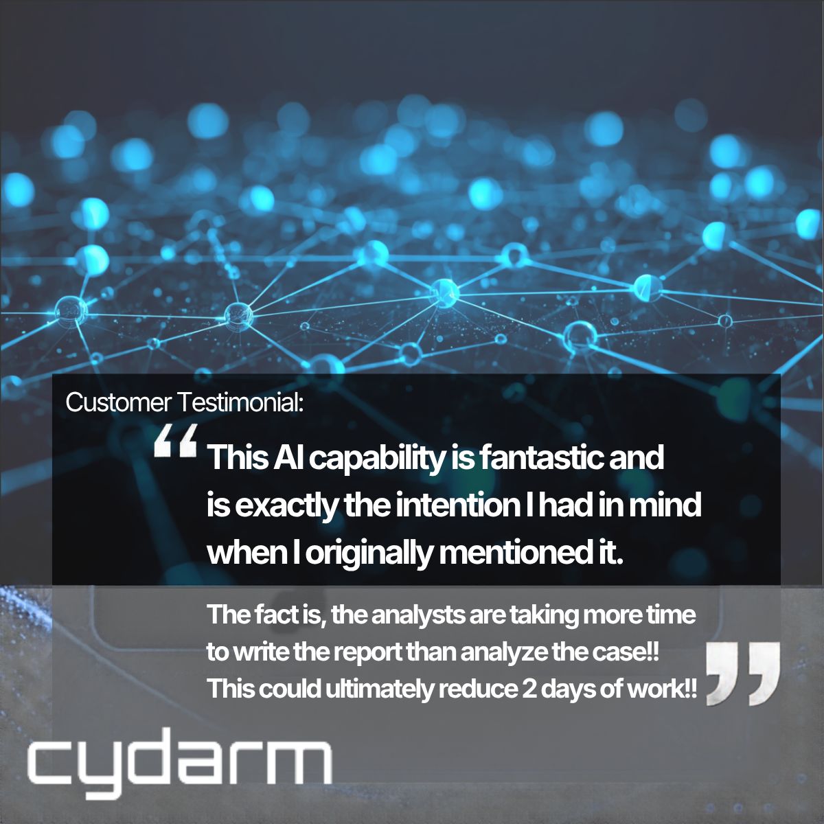 cydarmtech's tweet photo. "This AI capability is fantastic and is exactly the intention I had in mind when I originally mentioned it."

With our customers as design partners we build useful features that are often overlooked in more generic solutions. https://t.co/W33PDlc5Xi