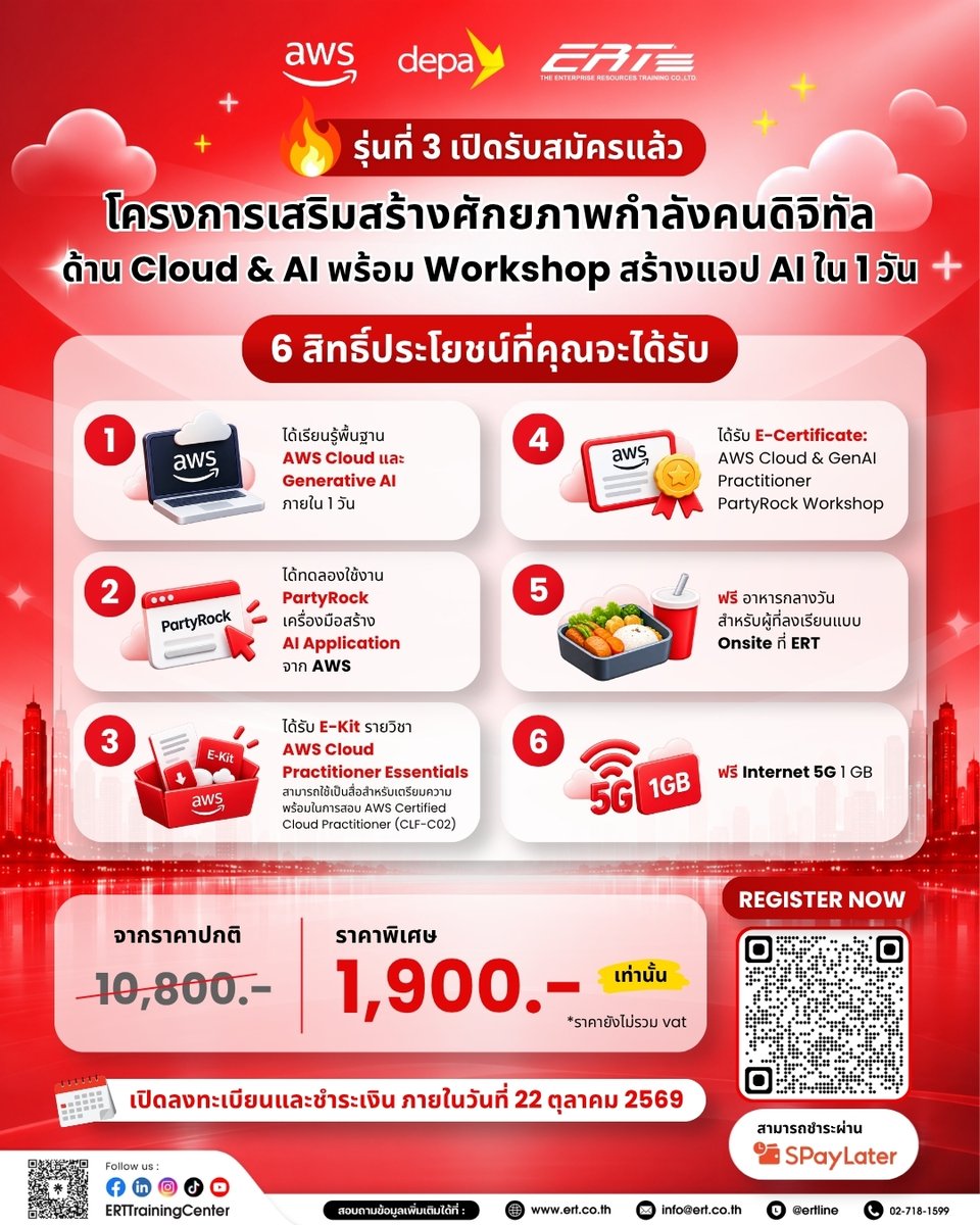 ERTTraining's tweet photo. 📢 รุ่นที่ 3 เปิดรับสมัครแล้ว‼️
เรียนรู้ AWS Cloud พร้อม Workshop สร้างแอป AI ใน 1 วัน
📅 วันที่ 30 ตุลาคม 2569
🕘 เวลา 08:50 - 16:00 น.
💻 รูปแบบ Onsite และ Online
🔥 ราคาเพียง 1,900 บาท/ท่าน🔥
🔗 ลงทะเบียน >>> https://t.co/HxlYyqNw5m
#depa #AWS #Cloud #GenerativeAI #AI #ERT https://t.co/TiQZUOv6VG