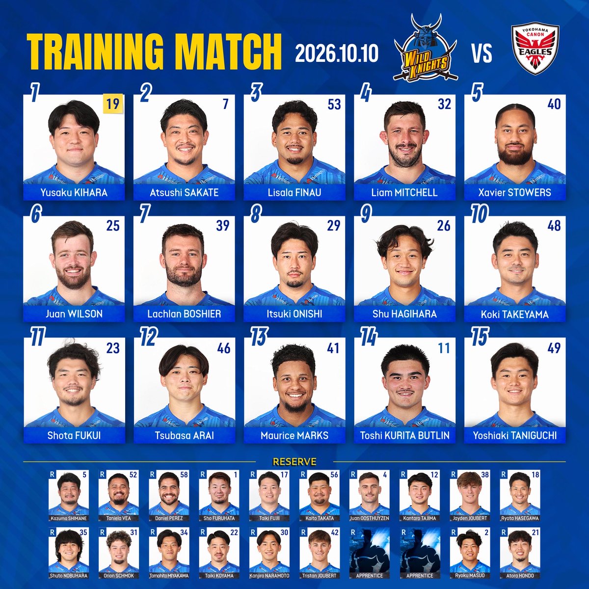 Panasonic_WK's tweet photo. 【メンバー変更のお知らせ】
2026年10月10日13:00KO
強化試合4戦目
v #横浜キヤノンイーグルス
FC&amp;後援会会員限定抽選公開

R）#オッキーバーナード　OUT
R）練習生  OUT

#埼玉ワイルドナイツ
#SPWK
#WeAreWildKnights https://t.co/lh2PATepZg