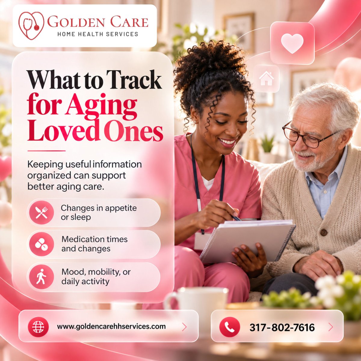 GoldenCareHH's tweet photo. During Aging Care, keeping important details organized can help families notice changes over time. 📝🩺 Track appetite, sleep, medications, mood, mobility, and daily activities to keep useful information available for healthcare conversations. 🏠

#HomeHealthCare #IndianapolisIN https://t.co/2vJ4JUYh6I