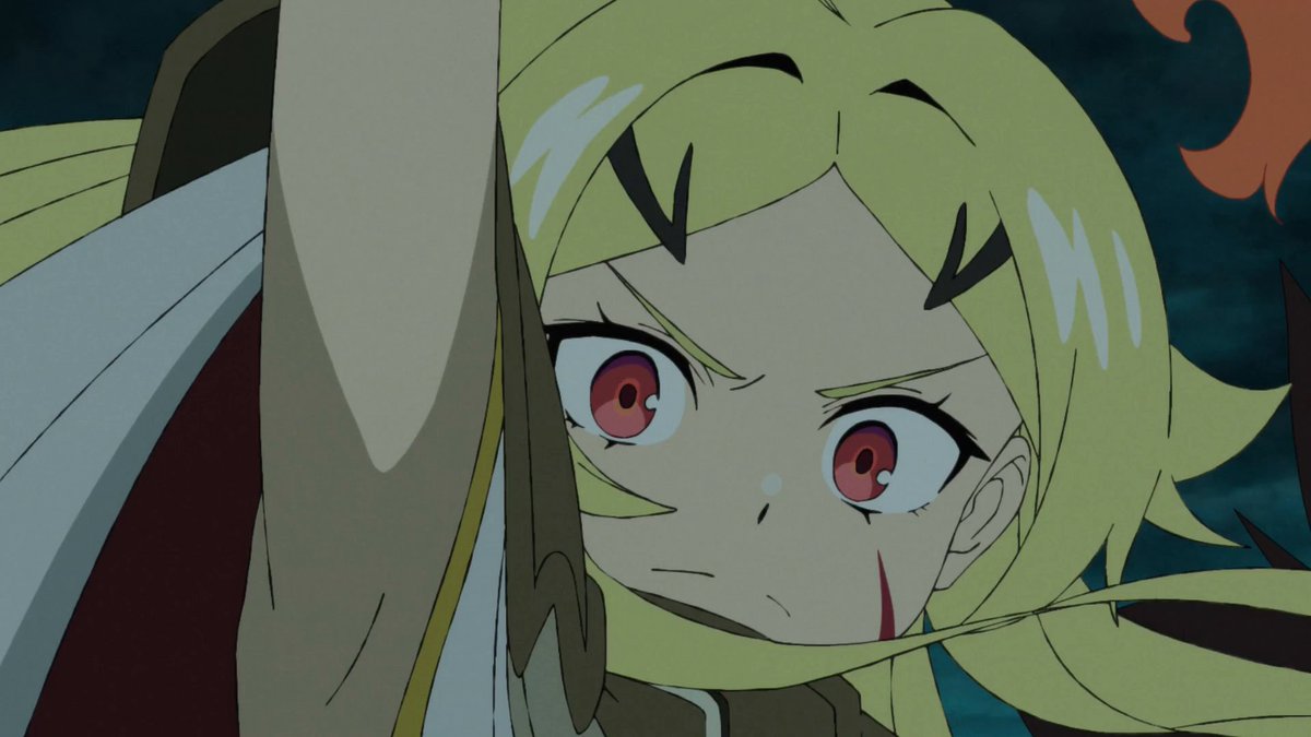 A close-up anime shot of a blonde, wide-eyed warrior with red eyes and a cut on her cheek, looking intensely to the side while gripping a large blade, capturing the dark, action-packed atmosphere of *Sentenced to Be a Hero*. The intense, determined expression mirrors the song's poignant lyrics about cherishing fleeting moments.