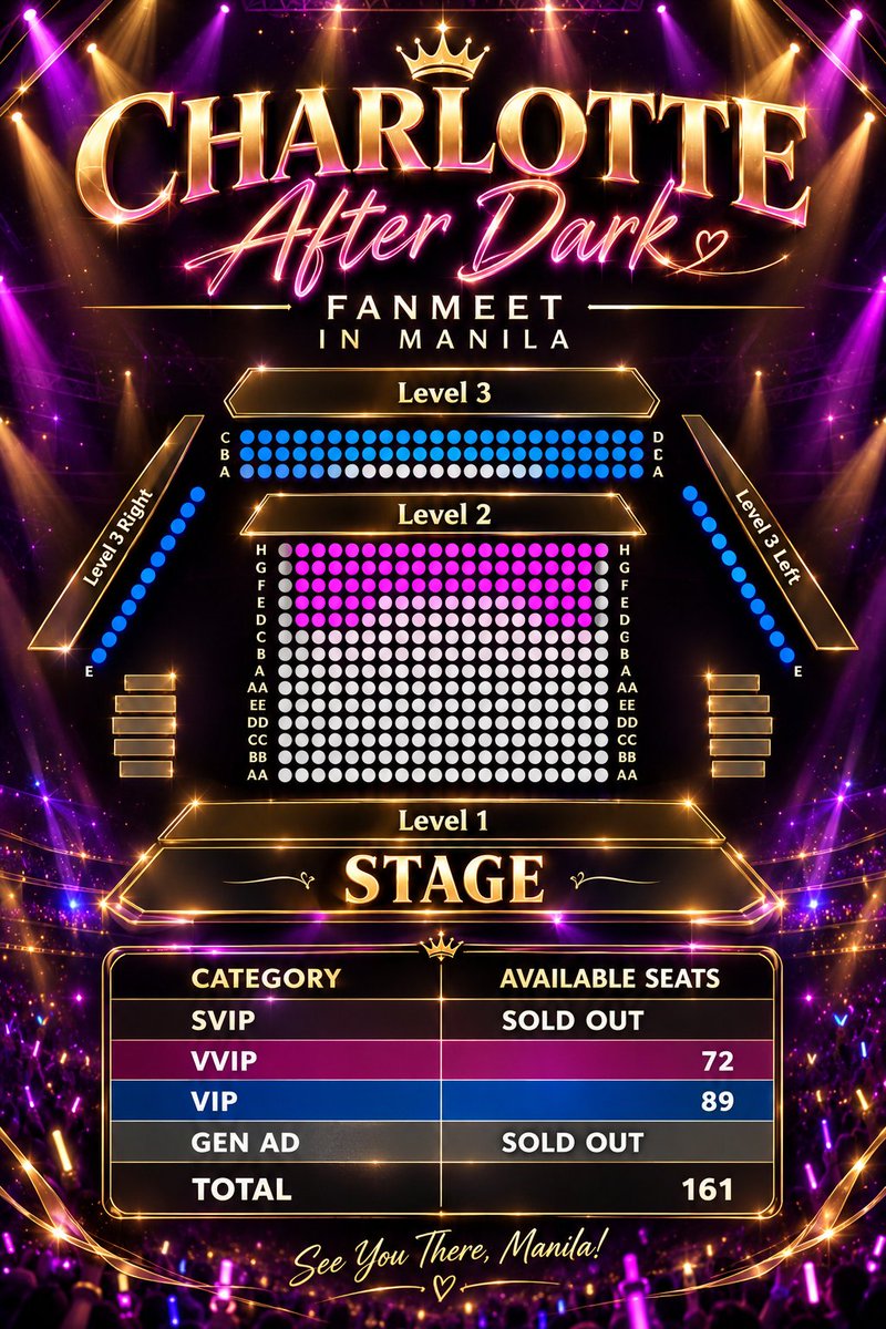 Englotspaceph's tweet photo. ▪️▫️▪️Ticket Update: 10/09/26▪️▫️▪️

🌙🐰 LET'S MAKE CHARLOTTE FEEL OUR LOVE! 🫶🏻✨

Every ticket represents a fan waiting to create a beautiful memory with Charlotte. Every cheer will carry our love, and every smile will make this night even more special! 🥹💖

🇵🇭 MANILA, IT'S TIME TO SHOW UP FOR CHARLOTTE! 🐰🔥

🔥 AVAILABLE TICKETS 🔥

❌ SVIP : SOLD OUT
❌ Gen Ad : SOLD OUT

•🎟️ VVIP : 72 seats
•🎟️ VIP : 89 seats

🚨 TOTAL : 161 SEATS LEFT! 🚨 

👇Secure your tickets here:!👇
🎫 https://t.co/JAydNZltgJ

Let's keep spreading the word, sharing the poster, and encouraging fellow fans to join us for this incredible event! Every little bit of support helps bring more excitement to Charlotte's Manila fanmeet. 💗

If you're planning to attend, don't wait too long to secure your seat! Let's turn this night into a beautiful memory that Charlotte and her fans will treasure forever. 🇵🇭🫶🏻

MANILA, LET’S LIGHT UP THE NIGHT FOR CHARLOTTE! 🌃💫

Please note: This is an unofficial count based on the available seating map as of today.

#CharlotteAustin #ชาล็อตออสติน #CharlotteAfterDark #CharlotteInManila
@itscharlotty @thentjprod