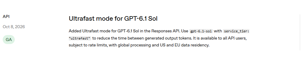 smitshahs007's tweet photo. GPT-6.1 Sol Ultrafast
A speed tier for latency-sensitive AI.
The Responses API now supports service_tier: "ultrafast" for faster token delivery, with global processing plus US and EU data residency. Developers can trade higher cost for quicker interactions.
#OpenAI #AIAPI https://t.co/GKfRI6IJN6