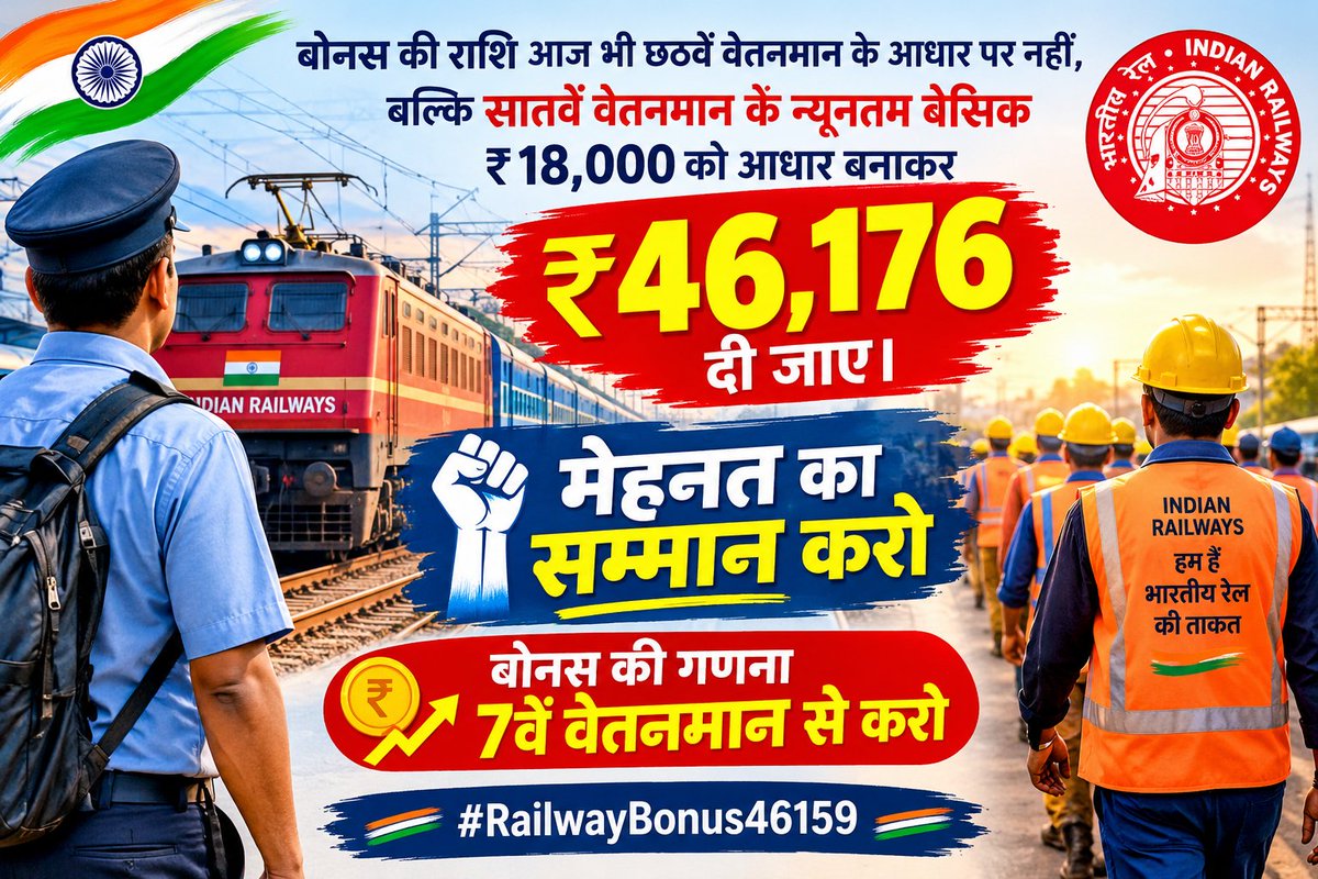ArunKum65847196's tweet photo. रेलवे कर्मचारियों को आज भी छठवें वेतन आयोग के आधार पर बोनस दिया जाता है। अब समय है कि बोनस की गणना 7वें वेतन आयोग के न्यूनतम बेसिक ₹18,000 के आधार पर हो और ₹46,159 बोनस दिया जाए।
#RailwayBonus46159
@RailMinIndia @AshwiniVaishnaw @PMOIndia @PIB_India @RahulGandhi https://t.co/JCcpbfiCCa