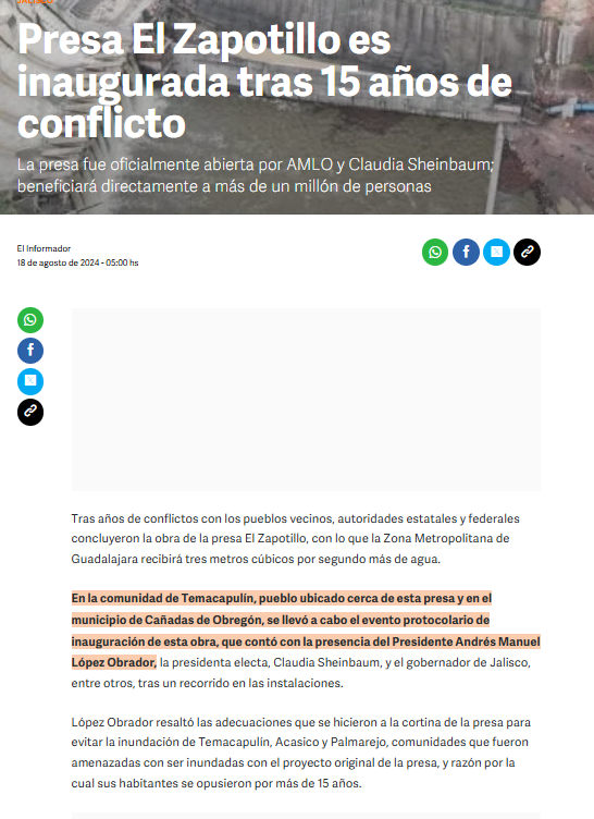 brearva's tweet photo. Señalar a @EnriqueAlfaroR  es una cortina de humo para no dar la cara por el agua en la ZMG
Alfaro sí entregó la presa y el acueducto principal ¡hasta la presidenta estuvo en el evento! 🙄. 
Lo que falta son redes secundarias que le tocan a la Federación. 
Pura grilla barata https://t.co/wQ1pJsP8sx