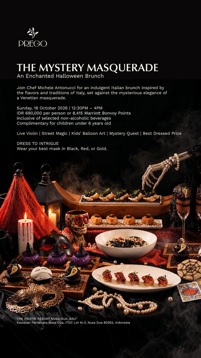 Dineandwinebali's tweet photo. The Mystery Masquerade Halloween Brunch at Prego Bali
Italian brunch meets Venetian mystery with live violin, street magic and family fun!
📅 18 Oct | 12:30–4 PM
✨ 20% early bird until 11 Oct
📍 Nusa Dua, Bali
#pregobali #halloweenbrunch #balibrunch #nusadua #italianbrunch https://t.co/PykjFAptnR